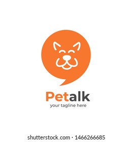 Pet talk logo idea with happy dog outline face silhouette inside chat bubble icon