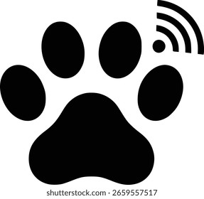 Icono de la tecnología del animal doméstico con la impresión de la pata y la señal del wifi. Símbolo para dispositivos inteligentes para mascotas, seguimiento de mascotas y cuidado conectado. Minimalista Vector blanco y negro.
