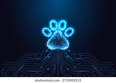 Tecnología para mascotas, seguimiento de animales y concepto de identidad digital con una brillante impresión de patas de baja poli sobre la placa de circuito. Ilustración vectorial de polígono azul neón futurista para tecnología de mascotas, App y dispositivo inteligente