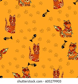 pet theme background vector pattern with native asian thai style cats and fishbones and paw prints