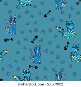 pet theme background vector pattern with native asian thai style cats and fishbones and paw prints
