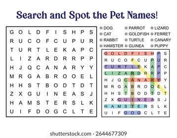 Pet themed word search puzzle for kids. Find the hidden pet names. Educational game and activity.