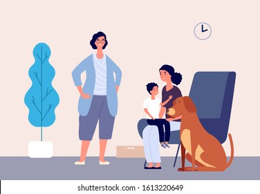 Pet Therapy. Animal Physical Therapists, Pets Children Rehabilitation. Kid With Mother, Dog And Dog Handler Vector Illustration