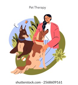 Pet Therapy concept. A serene woman bonding with two dogs in a tranquil outdoor setting, showcasing companionship and animal-assisted healing. Vector illustration.