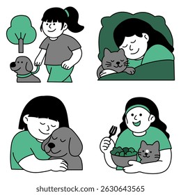 Pet Therapy Flat Illustration – Human Bonding with Dogs and Cats for Mental Wellness