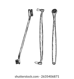 Pet toothbrush - hand-drawn vector line sketch illustrations set. Veterinary, dentistry, oral hygiene, healthcare. Outline engraving doodle clipart