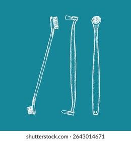 Pet toothbrush set. Veterinary, dentistry, oral hygiene, healthcare. Hand-drawn vector line sketch illustrations. Outline engraving doodle clipart
