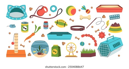 Pet toy. Domestic animals accessories. Dogs house. Cats cage. Food bows. Veterinary goods. Puppies bed. Vet care. Training supplies. Canine things. Kitty ball. Fish aquarium. Grooming stuff vector set