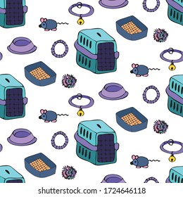 Pet toy doodles collection seamless pattern, hand drawing, line art, vector