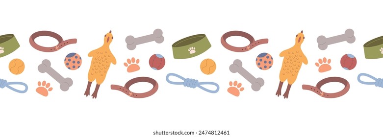 Pet toy seamless border. Isolated vector illustration for packaging, pet store, background
