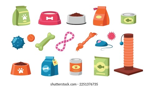 Pet toys. Colorful cartoon accessory products for dogs or cats, assortment of veterinary shop for domestic animals. Vector flat isolated collection. Plastic bowls with dry and wet meals, accessories