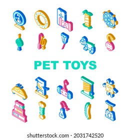 Pet Toys For Enjoyment Animal Icons Set Vector. Hamster Wheel And Inflatable Couch For Dog, Interactive Digital Pet Toys And Electronic Laser Gadget For Playing Isometric Sign Color Illustrations