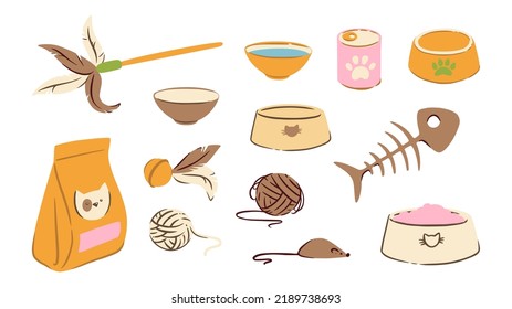 Pet toys and food. Cats bowls, teasers, carrier and other accesories. Cute vector illustration