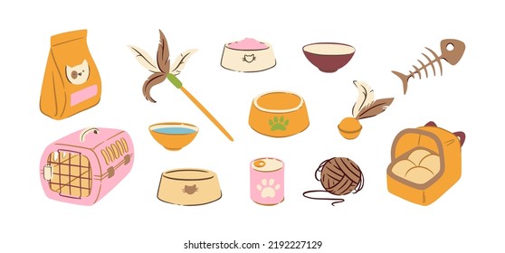 Pet toys and food. Cats bowls, teasers, carrier and other accesories. Cute vector illustration