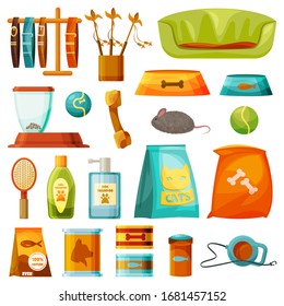 Pet toys, food nutrition, care accessories icons