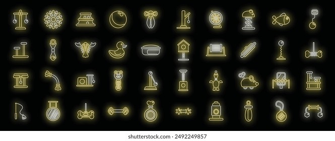 Pet toys icons set outline vector. Cat animal. Friend house neon color on black