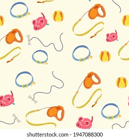 Pet toys seamless pattern. Accessories for playing pets. Collection of pets elements. Various pet supplies. Cartoon vector illustration.