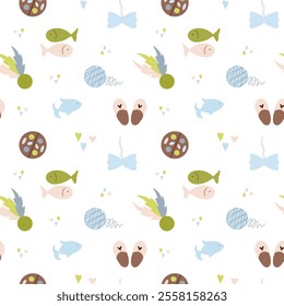 Pet toys seamless pattern, fish, ball, feather, skein of thread, slippers, vector pattern, pastel colors