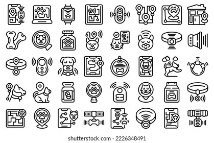 Los iconos de seguimiento de mascotas establecen el vector de contorno. Cuidado animal. Control de la ciudad