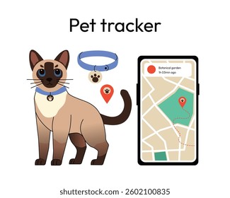 pet tracking system featuring a Siamese cat wearing a GPS collar, a smartphone displaying a location-tracking app, and a map marker modern pet safety solutions, GPS pet trackers and smart accessories