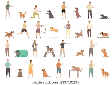 Iconos del entrenador de mascotas establecen el vector de dibujos animados. El hombre juega. Agabilidad de Guy