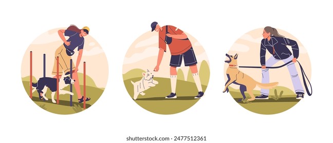 Pet Training, Dog Behavior And Outdoor Activities Isolated Vector Round Icons. Various Dog Training Techniques In A Yard