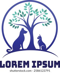 A pet training logo with a dog and cat sitting under a tree, symbolizing harmony and care. Ideal for veterinary services, pet adoption centers, and pet-friendly businesses