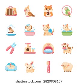 Pet transport, birds, small animals, grooming tools, bathing scenes, play furniture, sleeping rabbits, farm pets. 