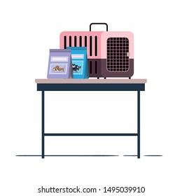 pet transport box and pet food bag on table