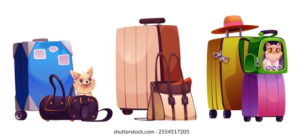 Pet travel baggage set isolated on white background. Vector cartoon illustration of cute dog in bag, funny cat in backpack, trip luggage and big suitcases, animal transportation, tourism accessories