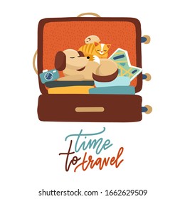 Pet travel. A cute dog, cat and hamster sitting in an open suitcase with vacation accessories. Flat vector illustration for travel on a sticker, poster, card, print with lettering Time to travel.