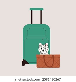  pet travel. Cute small dog sitting in a stylish pet carrier next to a rolling suitcase. Modern, minimalist design, perfect for travel and pet transport. Vector illustration