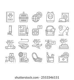 Pet Travel Equipment Collection Icons Set Vector. Pet Transportation Cage And Bag, Leash And Muzzle For Walking, Food Bowl And Drinker Black Contour Illustrations