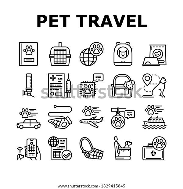 Pet Travel Equipment\
Collection Icons Set Vector. Pet Transportation Cage And Bag, Leash\
And Muzzle For Walking, Food Bowl And Drinker Black Contour\
Illustrations