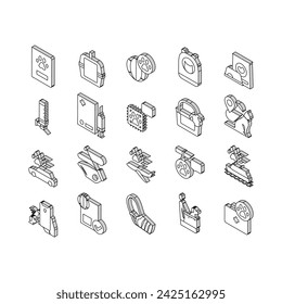 Conjunto de iconos isométricos de la colección de equipos de viaje para mascotas. Jaula Y Bolsa De Transporte De Mascotas, Correa Y Bozal Para Caminar, Cuenco De Comida Y Bebedor Concepto Pictogramas Lineales. Contorno de color .