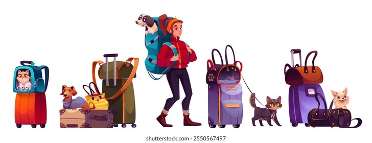 Pet travel equipment set with cat carriers, luggage bags, suitcases, woman carrying dog in backpack. Companion animals - puppy, black feline, ginger kitten, dachshund with transportation for trip.