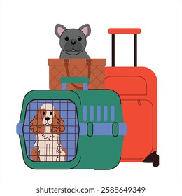 Pet Travel Essentials Cute French Bulldog in a Stylish Bag and American Cocker Spaniel in a Secure Pet Carrier with Suitcases PetFriendly Air Travel Concept, Flat Minimalist . Vector illustration