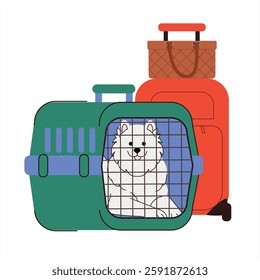 pet travel. Fluffy Samoyed dog inside a pet carrier with suitcases in the background. Minimalist and modern design, perfect for pet transport and travel. Vector illustration