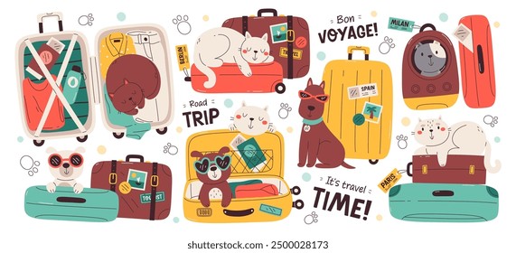 Pet travel set with cute dog and funny cat suitcase prepared for summer vacation time and trip adventure. Comic cartoon domestic animals and stuff inside luggage case container vector illustration