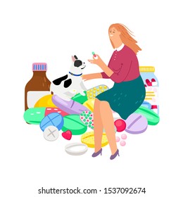 Pet treatment. Woman gives pill to dog. Vector owner and animal characters, pets care illustration