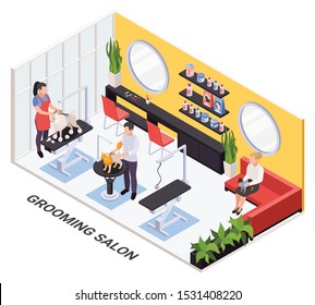 Pet trimming nail clipping services booking online isometric modern salon interior with stylists grooming dogs vector illustration 