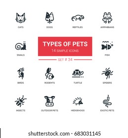 Pet Types - set of vector line silhouette icons, pictograms: Cats, dogs, reptiles, amphibians, snails, fish, birds, rodents, ferrets, spiders, insects, outdoor, exotic pets and hedgehogs