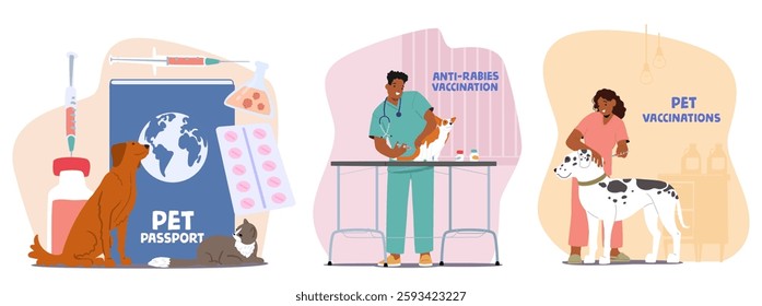 Pet vaccination and anti-rabies therapy for pets, vet passport for travel and healthcare procedure control confirmation vector illustration. Professional veterinary clinic service for domestic animals