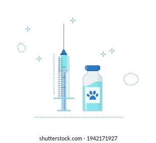 Pet Vaccination Concept. Idea Vaccine Injection For Protection From Disease Animal. Blue Icon Syringe And Bottle With Vaccine. Vector Flat Illustration Isolated.