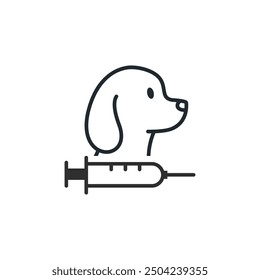 Pet vaccination icon, dog with syringe, flat symbol vector illustration.