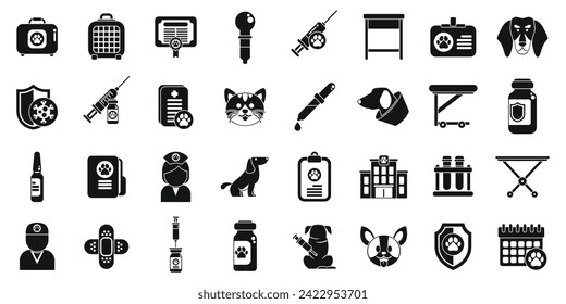 Pet vaccination icons set simple vector. Doctor medical vet. Veterinary puppy