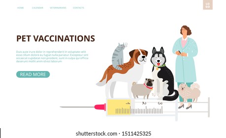 Pet vaccination landing page. Pet care vector banner template. Veterinarian dogs cat characters