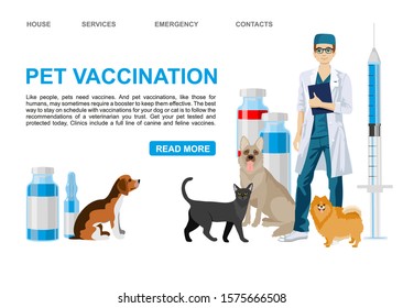 Pet vaccination landing page. Veterinary services - vaccination. Pet care vector banner template. Veterinarian dogs cat characters. 