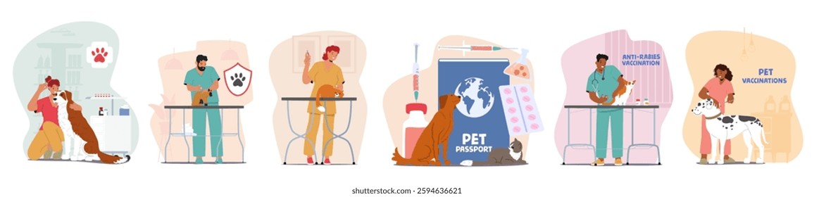 Pet vaccination at veterinary clinic, domestic animals health care and support vector illustration. Wet doctor providing immunization with pharmacy vaccine in syringe, treating dogs and cats scene set