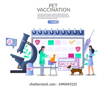 Pet vaccination web banner template, vector illustration. Huge calendar, microscope, pills bottle, syringe and tiny characters vet, dog owner. Veterinary pet care concept for web banner, website page